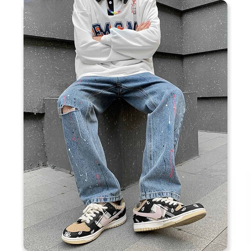 

High Street Ripped Men Jeans Fashion Casual Straight Wide Leg Splash Ink Denim Trousers Streetwear Male Bule Hip Hop Hole Pants