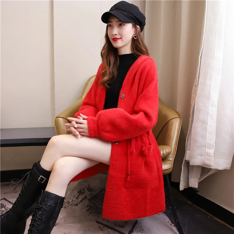

Winter Autumn Thick Mid Long Hooded Faux Mink Cashmere Knitted Sweater Women Korean Loose Big Pocket Cardigan Jacket Coat Female