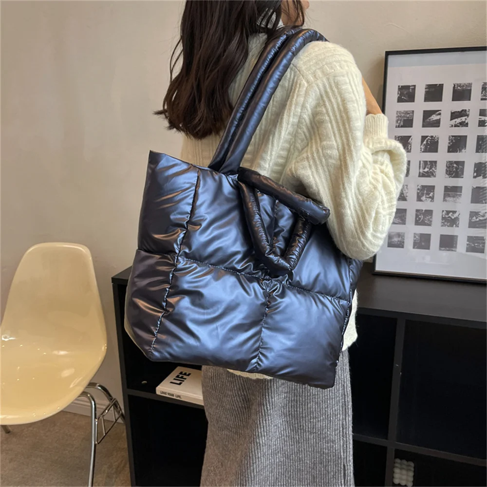 Solid Color Space Cotton Tote Bags Women Luxury Designer Soft Checker Filled Shoulder Handbags Large Capacity Shopper Bag Dom105