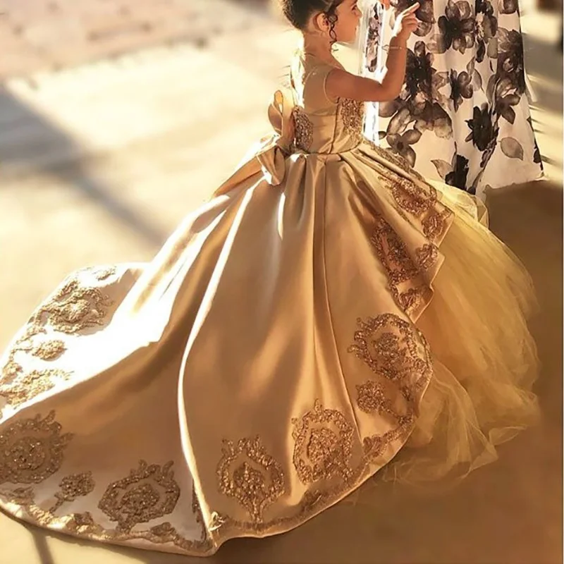 

Luxury Golden Lace Flower Girls Dresses for Wedding Party Birthday Vestido De Fiesta De Boda Vestidos De Primera Comunion 2021
