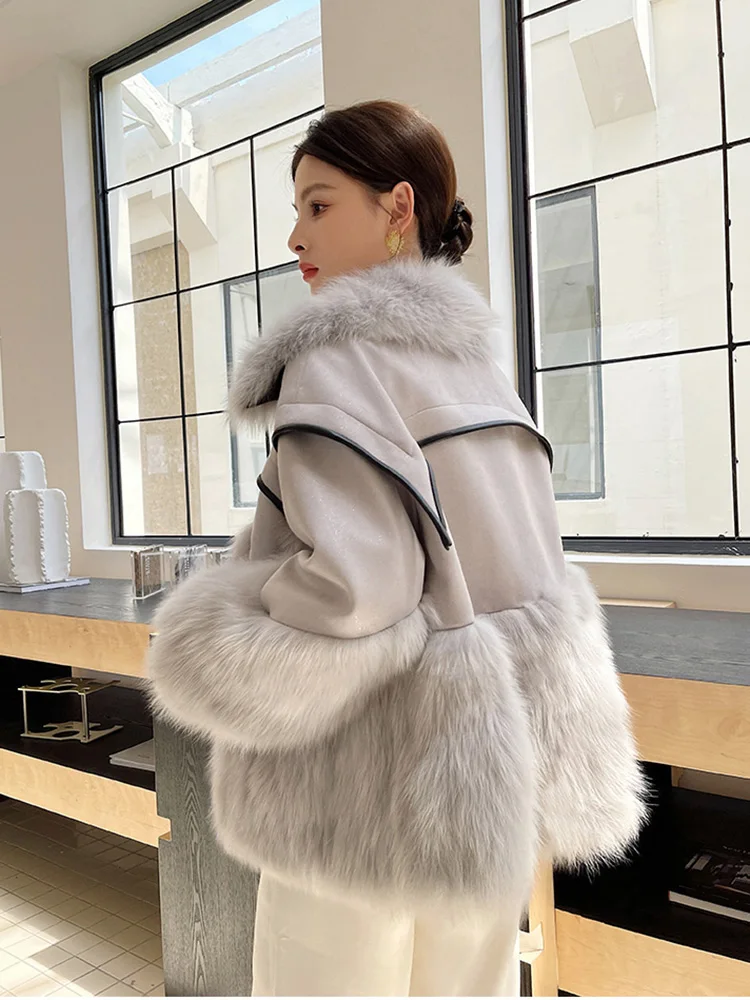 Women Real Fur Coat Autumn Winter Fashion Thick Double-faced Fox Fur Suede Patchwork Fur Jacket Single Breasted Loose Outerwear