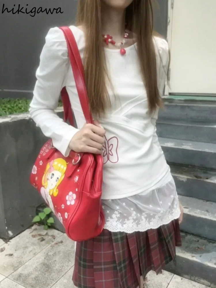 Женская футболка в стиле пэчворк с круглым вырезом и пышными рукавами