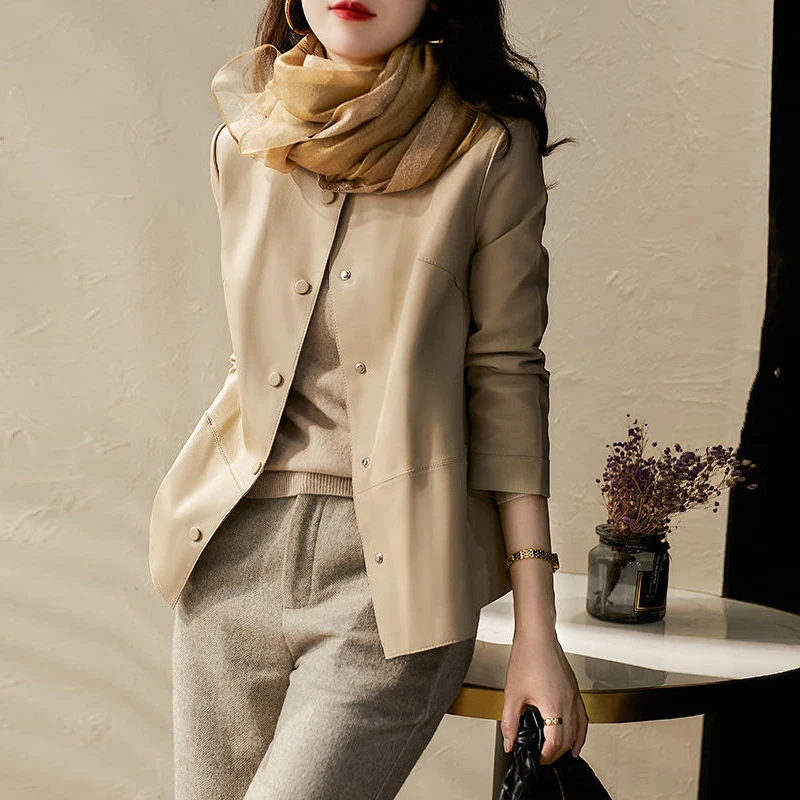 Solid Basic Women Pu Leather Jackets Office Ladies korean  Leather Coats Single Breasted O-Neck Soft  Female Leather Jackets