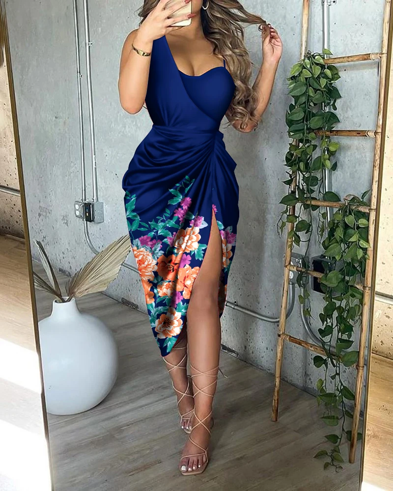 

Women Sexy Sleeveles Asymmetrical Floral Print Ruched Split Thigh Satin Party Formal Dresses For Women Summer Vestidos De Fiesta