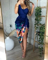 women sexy sleeveles asymmetrical floral print ruched split thigh satin party formal dresses for women summer vestidos de fiesta