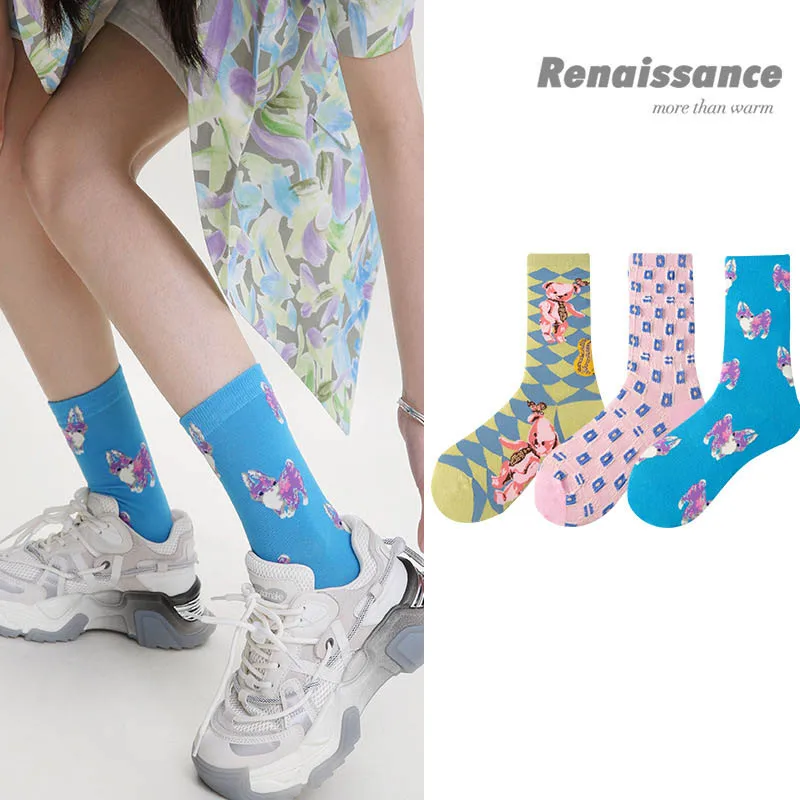 WYXCEN 3Pairs/Set Original Renaissance Women's Socks In The Tube Socks Cartoon Girl Ins Tide Socks Women's Cotton Socks