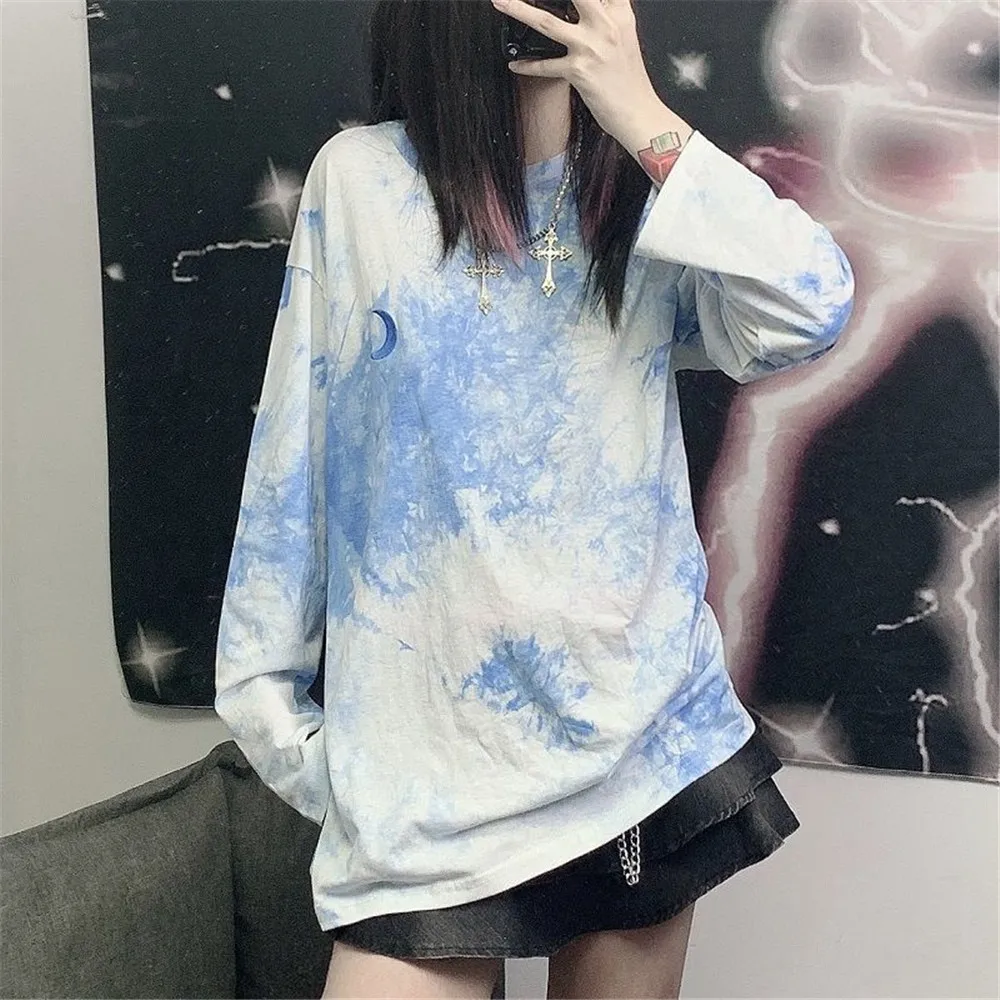 

Футболка женская окрашенная в стиле Харадзюку, классная Повседневная рубашка в стиле хип-хоп, с длинным рукавом, смешная свободная Милая ул...