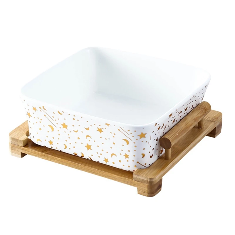 

Ceramic Fruit Bowl with Wood Stand Decorative Salad Bowl Stackable Serving Bowls