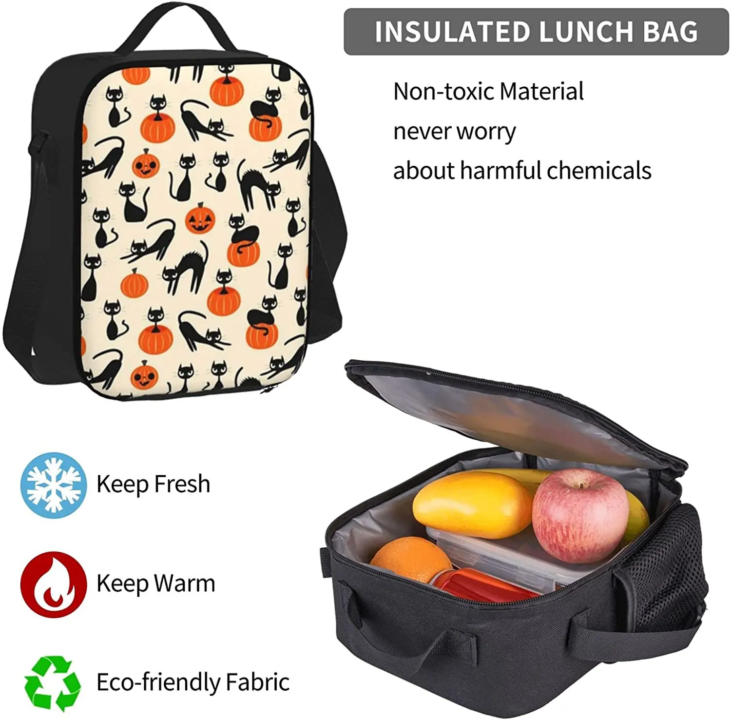 Halloween Black Cats Backpack Set 3-Piece Teen Boys Girls Backpack Messenger Lunch Bag Pencil Case Set