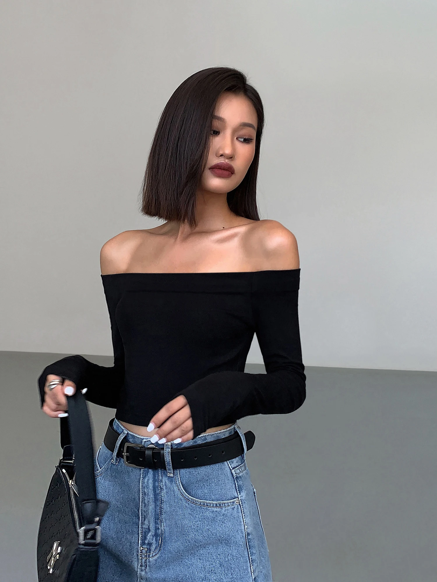 Ouusph черный вязаный женский топ с открытыми плечами и длинными рукавами