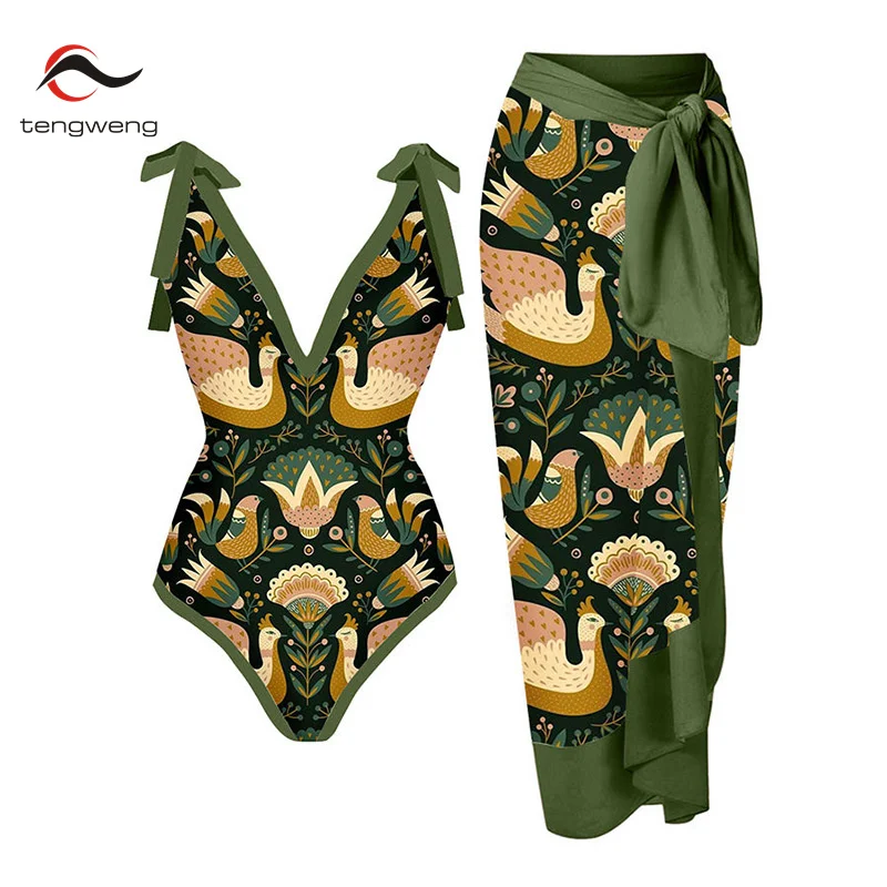 Купи Tengweng 2023 One Piece Swimsuit Sexy Bodysuit Women Swimwear Backless One-Piece Suits Green Beachwear Print Bathing Suit за 875 рублей в магазине AliExpress