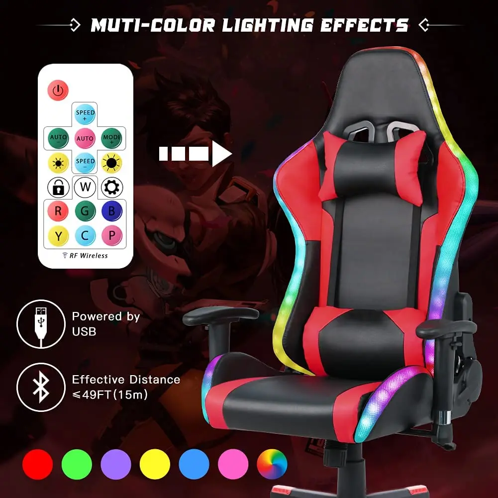 Gaming Chair with Speakers Video Game Chair with RGB Light PU Leather Swivel Ergonomic Racing Office Computer Chair