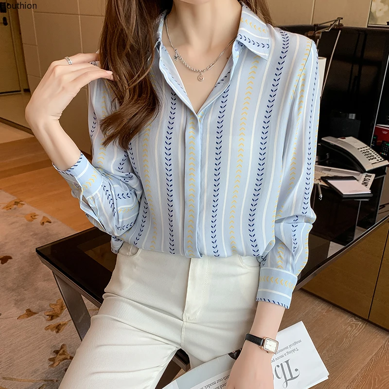 

Summer Women's Blouse New Top Long Sleeve Polo Shirt High-end Fashion Casual Loose Stripe Printing Autumn Chiffon