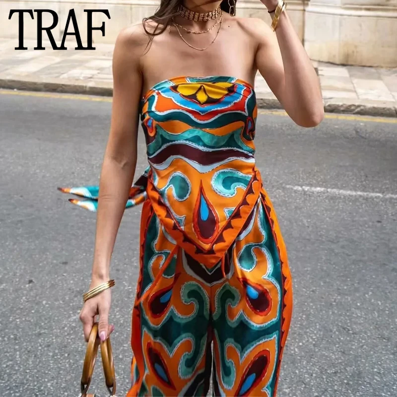 TRAF Off Shoulder Crop Tops For Women Print Bandana Backless Top Female Asymmetric Sexy Tops Woman 2023 Sleeveless Summer Tops