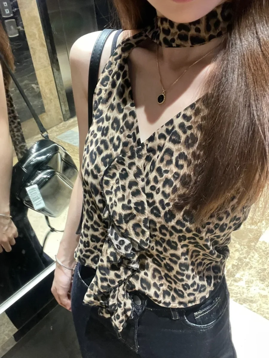 American vintage Leopard Print Hanging Neck Cami Women 2024 Summer New Design Sense Gyaru Sleeveless Top