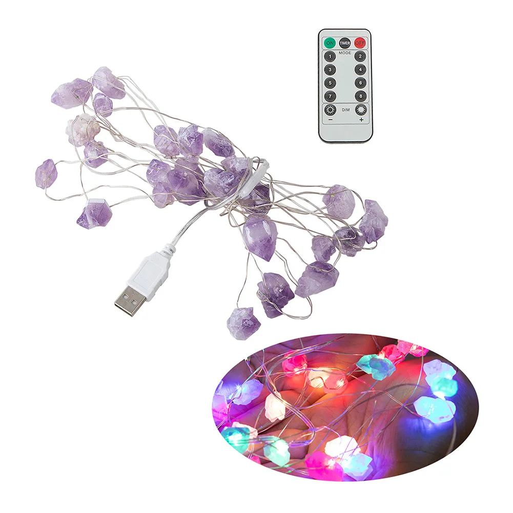 

Natural Amethyst String Lights Stones 30 LEDs Crystal String Lights With Remote Control Hanging Holiday Bedroom Lighting