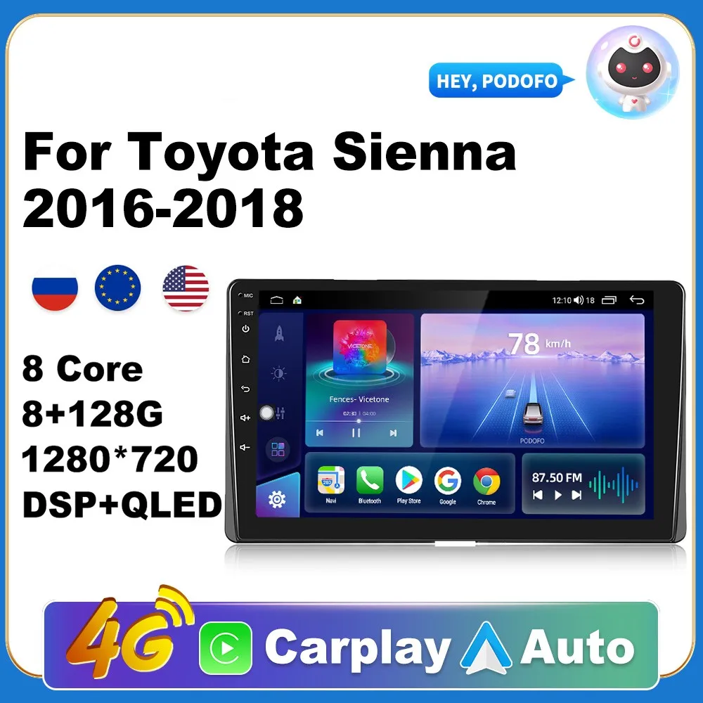 

Car Android CarPlay Radio Multimedia Player For Toyota Sienna 2016-2018 2 Din Autoradio Video AI Voice 4G WiFi