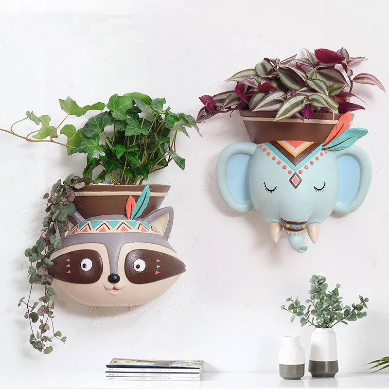 Cartoon Animal Flowerpot Wall Hanging, Ethnic Style Wall Decoration, Home Decoration, Resin Wall Hanging