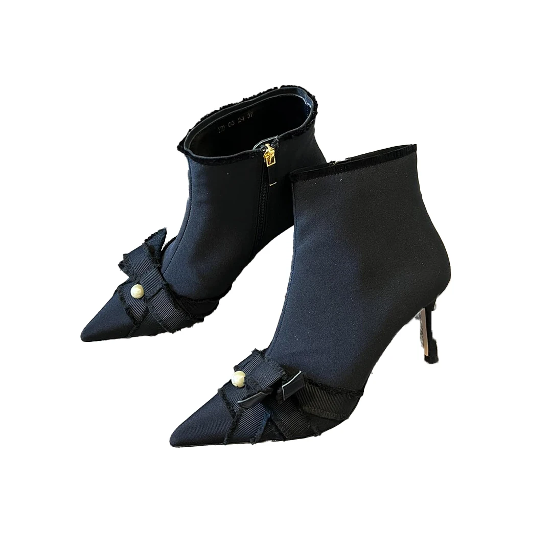 NIGO/женские шикарные ботинки на высоком каблуке с бантом и жемчугом однотонные