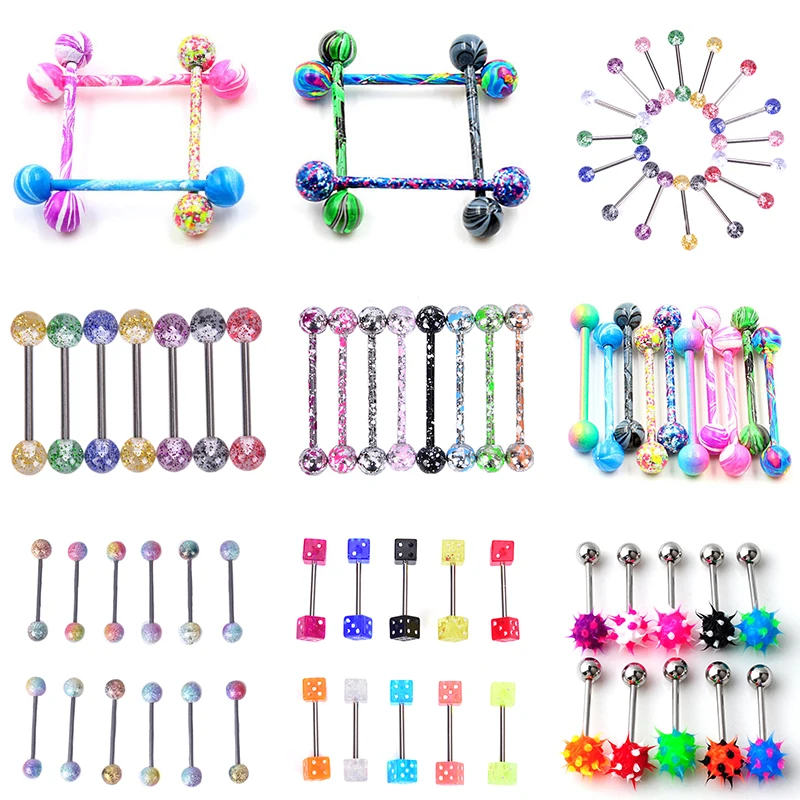 

8/10pcs Mixed Color Acrylic Ball Tongue Rings for Women Surgical Steel Tongue Piercing Jewelry Tongue Ring Bars Barbell Piercing