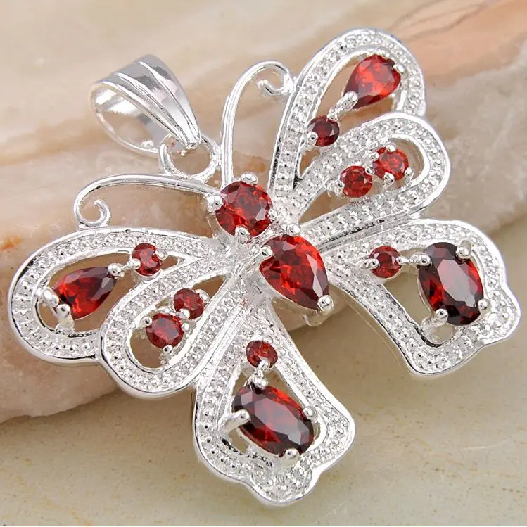 

ANGLANG New Fashion Butterfly Red Cubic Zirconia Small Pendant Necklace Silver Color Bijoux Collier Elegant Women Jewelry Gifts