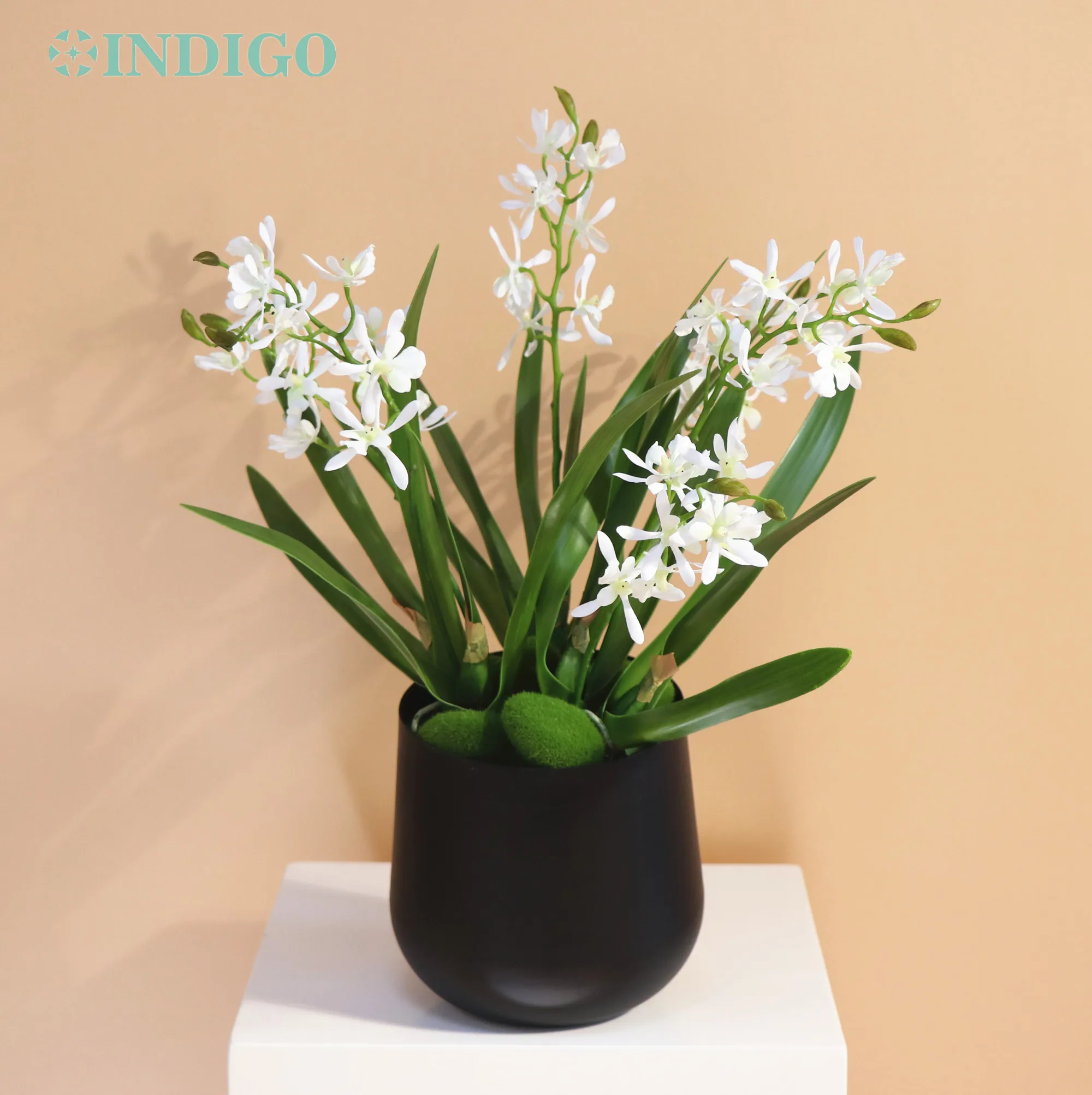 

(1 Set With Metal Vase Assembled) Wanda White Orchid 42CM Flower Home Office Table Decoration Centerpiece Bonsai INDIGO Designed