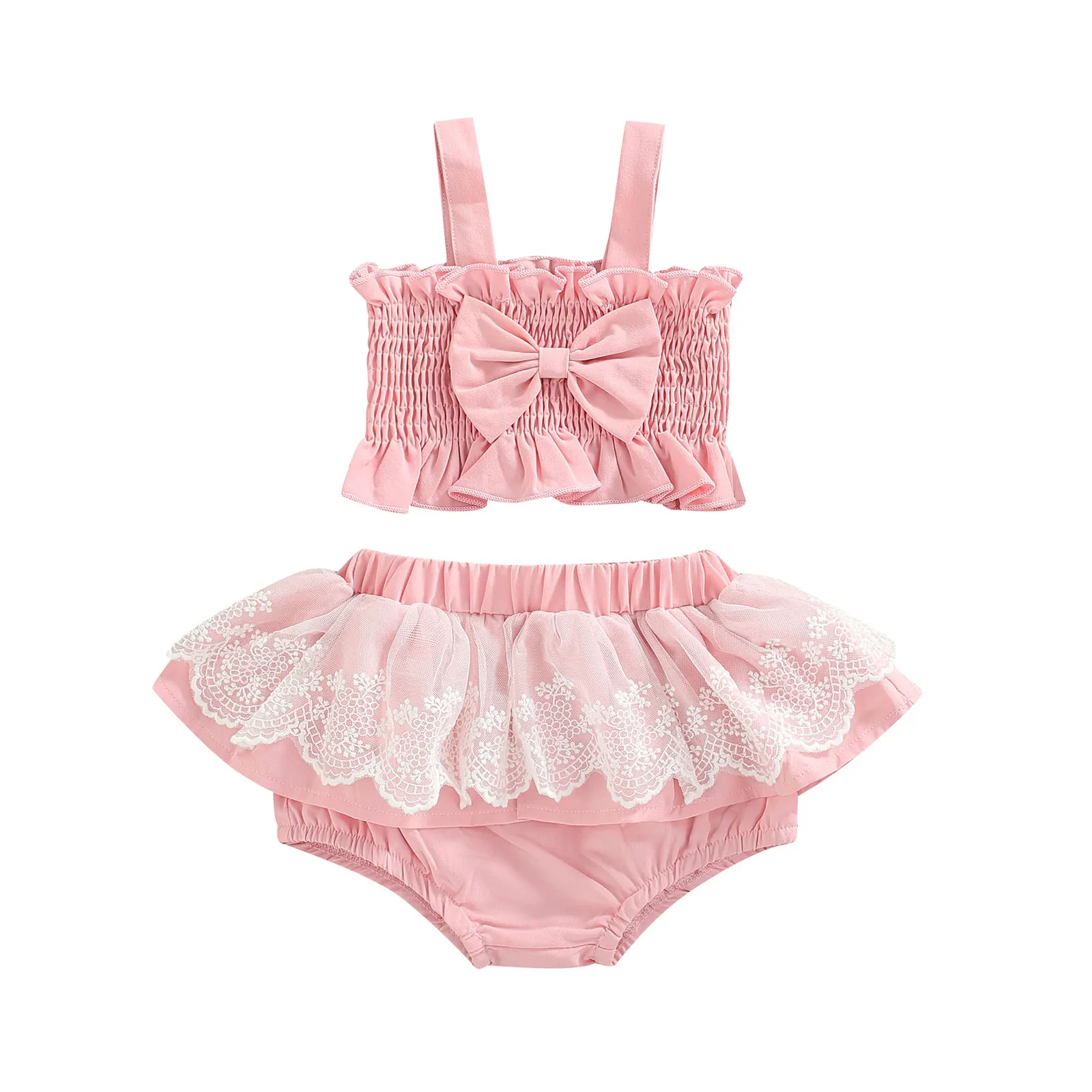 

2022-05-06 Lioraitiin 0-24M Infant Girls Summer 2Pcs Outfit Sets Sleeveless Ruched Bowknot Camisole Lace Ruffle PP Shorts