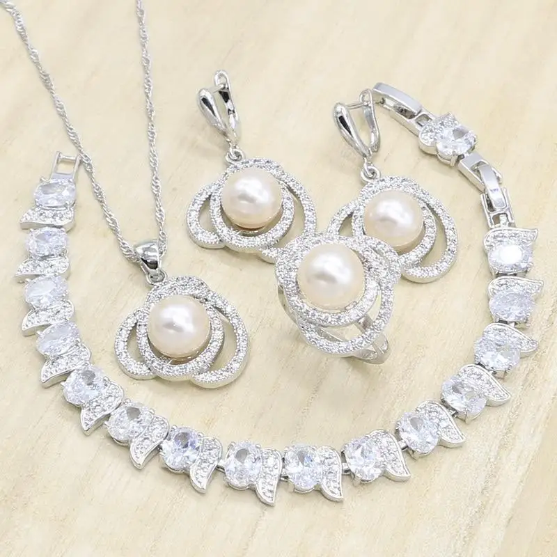 

White Pearl Women Jewelry Sets Silver Color Earrings Ring Necklace Bracelet Wedding Birthday Gift