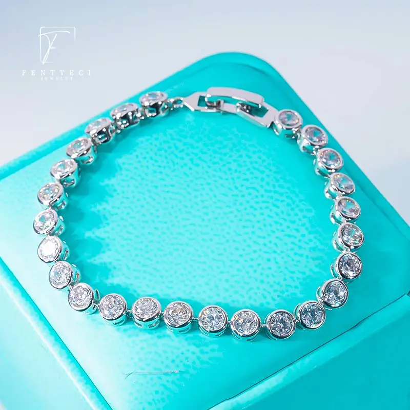 FENTTECI Newest Sterling Silver Tennis Bracelet 0.3ct Round Diamond Bracelet 4 Prongs Single Row Simulation Drill Roman Chain