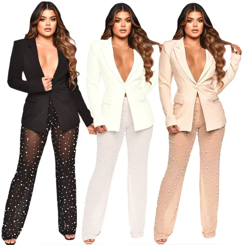 

Women Elegant Fashion Blazer Pants Two Piece Set Sexy One Button Coat Top Pearl High Waist Pants Clothing Suit Y2K Clothes