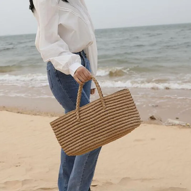 2022 new straw bag handmade woven portable vegetable basket women's large capacity seaside sand |