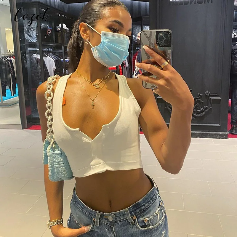 

COZOK 2022 Wholesale Graffiti T Shirts Women Ladiessexy T-Shirt V-Neck Navel Revealing Slim Blouse