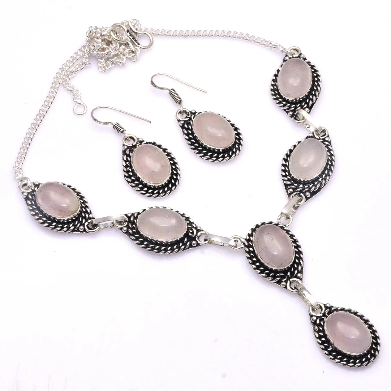 

Genuine Rose Quartz Necklace + Earings Silver Overlay over Copper, 50 cm , N4639