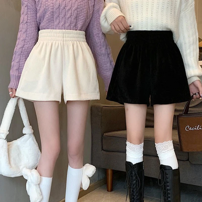 Corduroy Shorts for Women Summer Korean Fashion Casual Loose Wide Leg Elastic Waist Shorts All-match Ladies Streetwear Bottoms