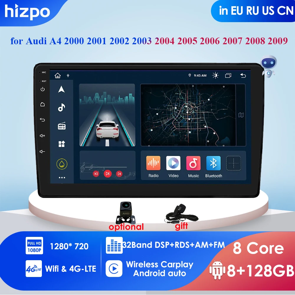 

8+128 4G-LTE Carplay 10.1'' 2Din Android Car Radio GPS for Audi A4 2000 - 2009 Navi Multimedia Autoradio Video Audio Stereo WIFI