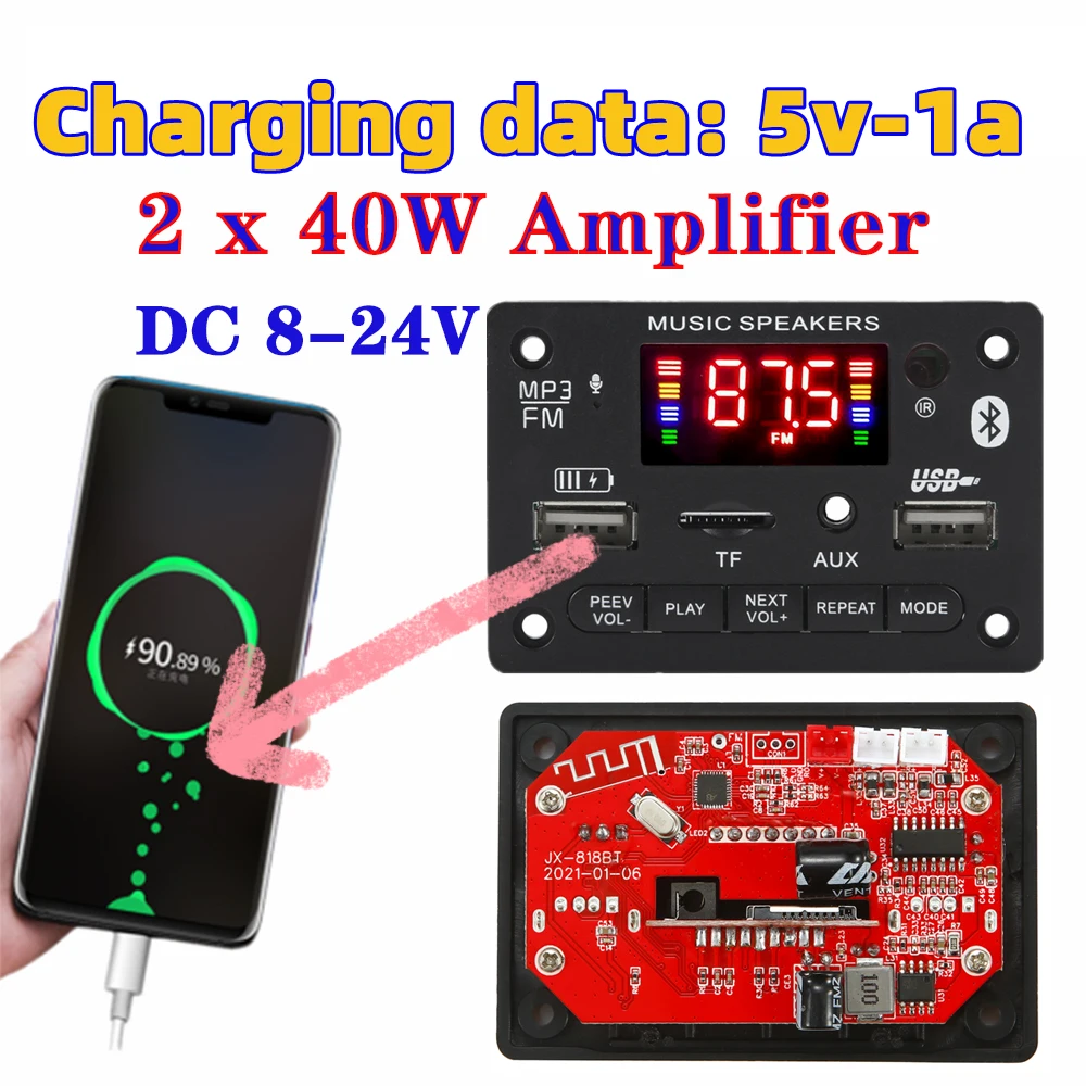 80W Amplifier MP3 Decoder Board 2*40W 8-24V Bluetooth 5.0 Car Player USB Recording Module FM AUX Radio For Speaker Hands-free