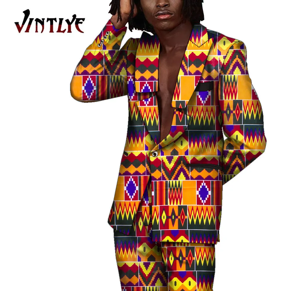 Hip Hop Fashion Men Clothes Dashiki Suit 2 Pcs Set Floral Print Blazer Jacket and Long Pant African Clothes Bazin Riche WYN1463