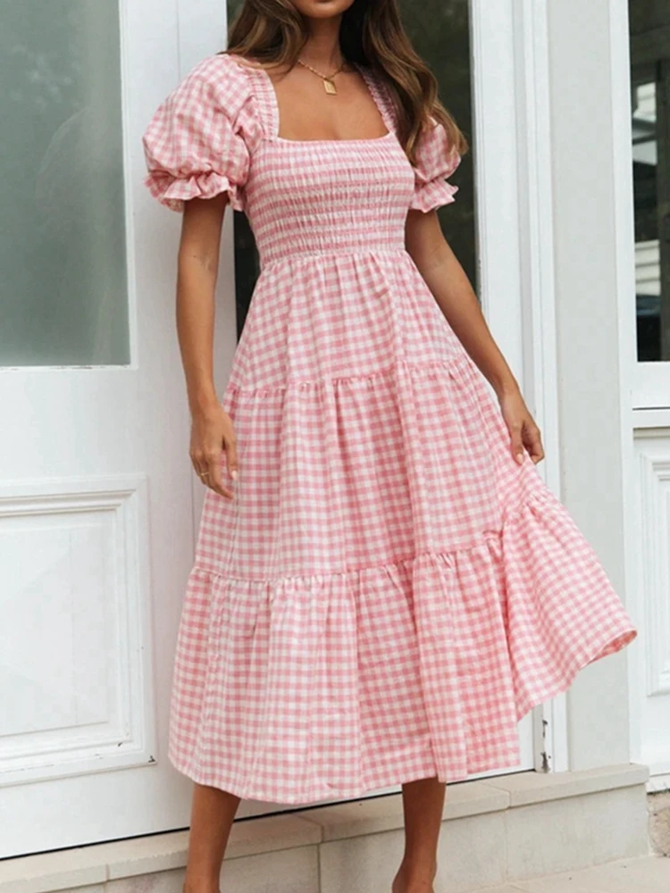 

Puff Short Sleeve Summer Maxi Long Plaid Dresses Woman Elegant High Waist Mocked Square Neck Sundress Lady Vintage Fashion Dress