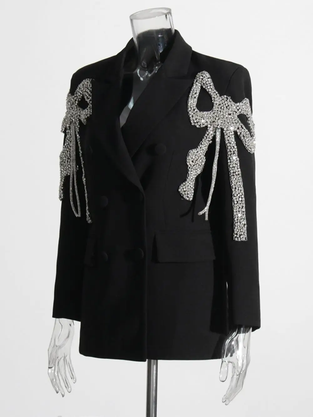 Fashion Women's Blazer Bow Spliced Notched Collar Double Breasted Long Sleeve Black Suit Jackets Summer 2023 New пиджак женский