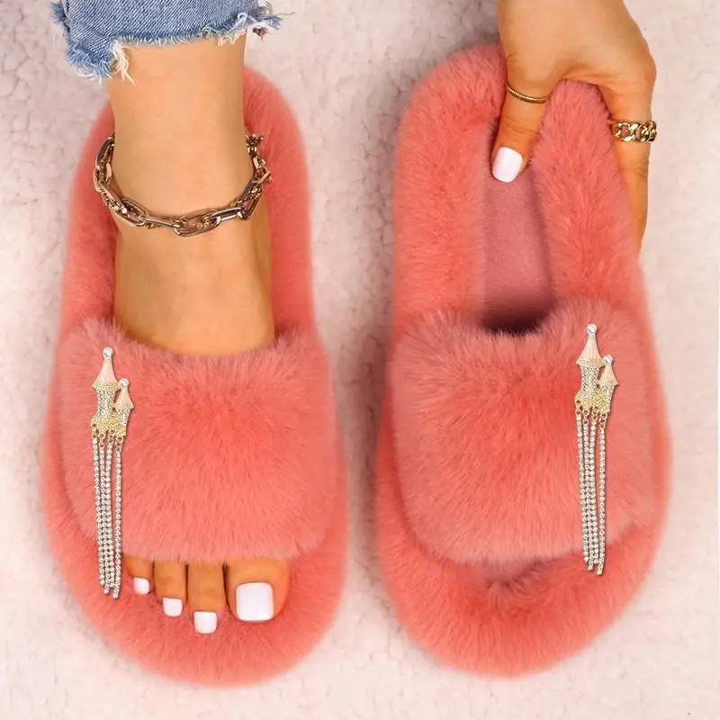 Women's Fluffy Slippers Fairy Dream Castle Tassel Decor Faux Fur Slides Sandals Female Winter Warm Shoes Ladies Soft Slippers