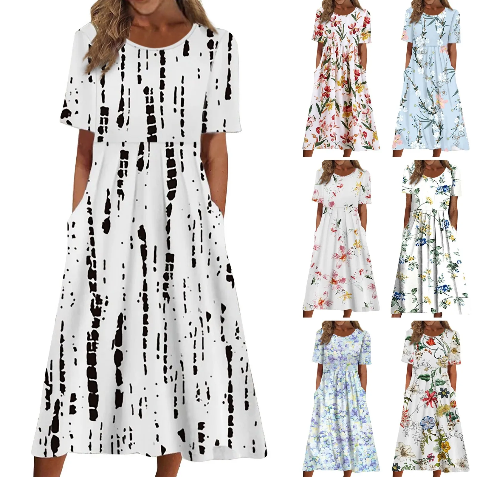 

Women's Summer Flower Dress Round Neck Pocket Skirt Printed Short Sleeve White Long Dresses Cheap Dresses With Free Shipping