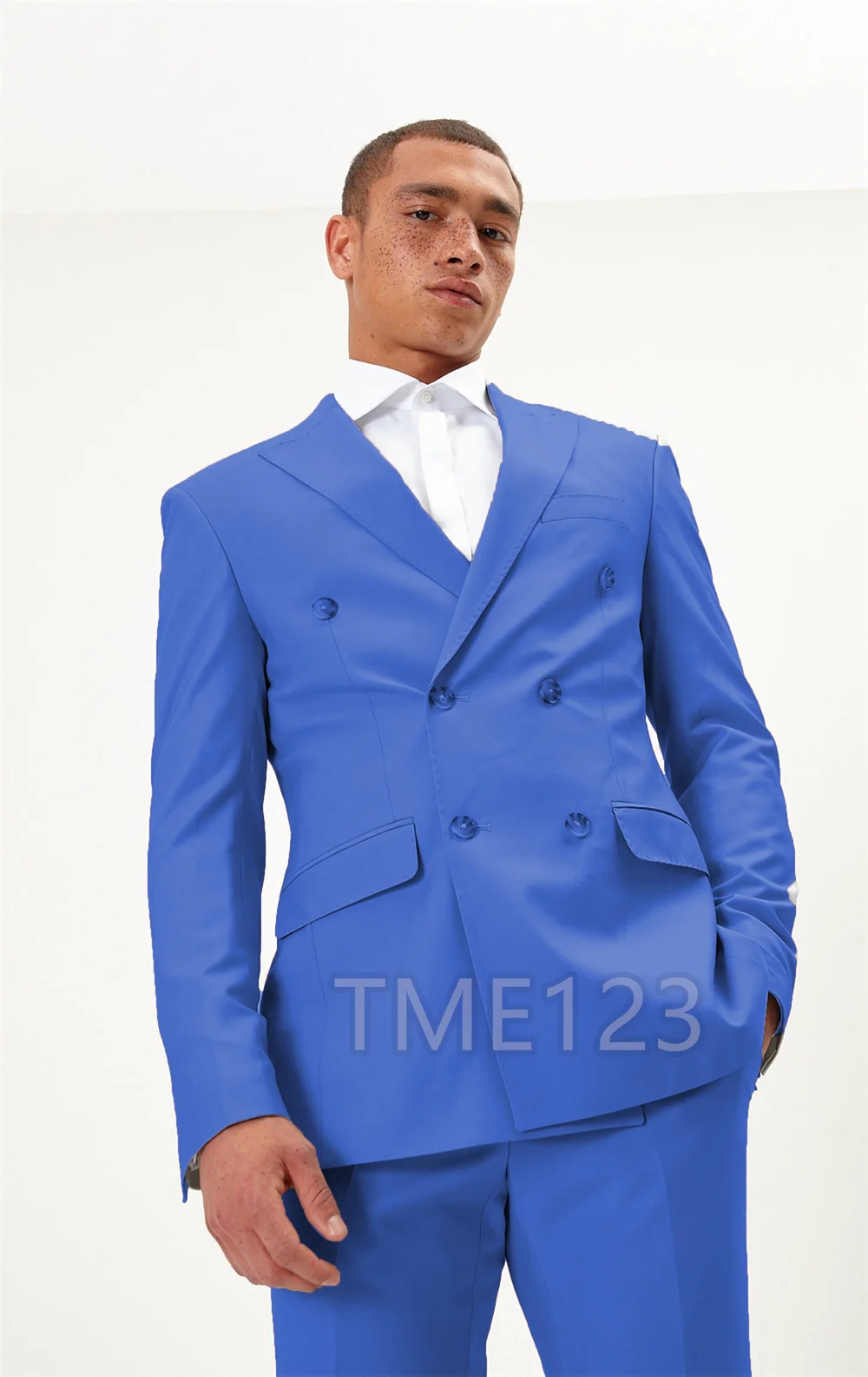 Mens Suits Double Breasted Blue Suit For Men Peak Lapel Blazer Jacket Pants 2 Piece Formal Office costume homme Suits Handsome