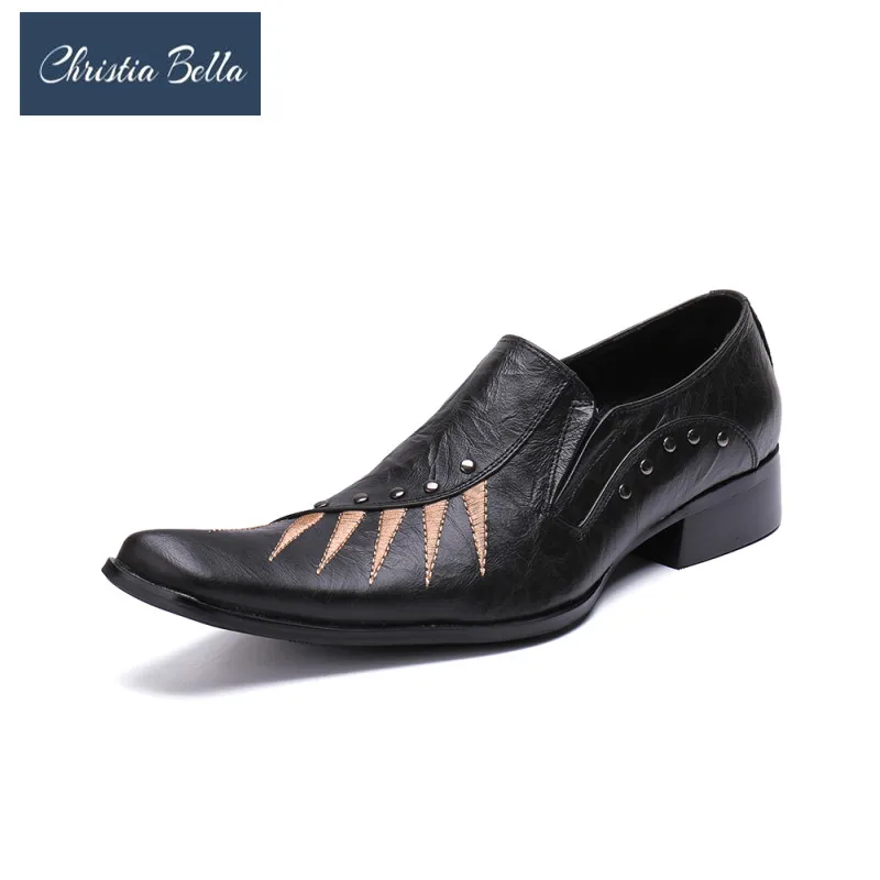

Christia Bella Italian Style Plus Size Rivets Mens Business Oxford Shoes Pointed Toe Black Genuine Leather Men Party Dress Shoes