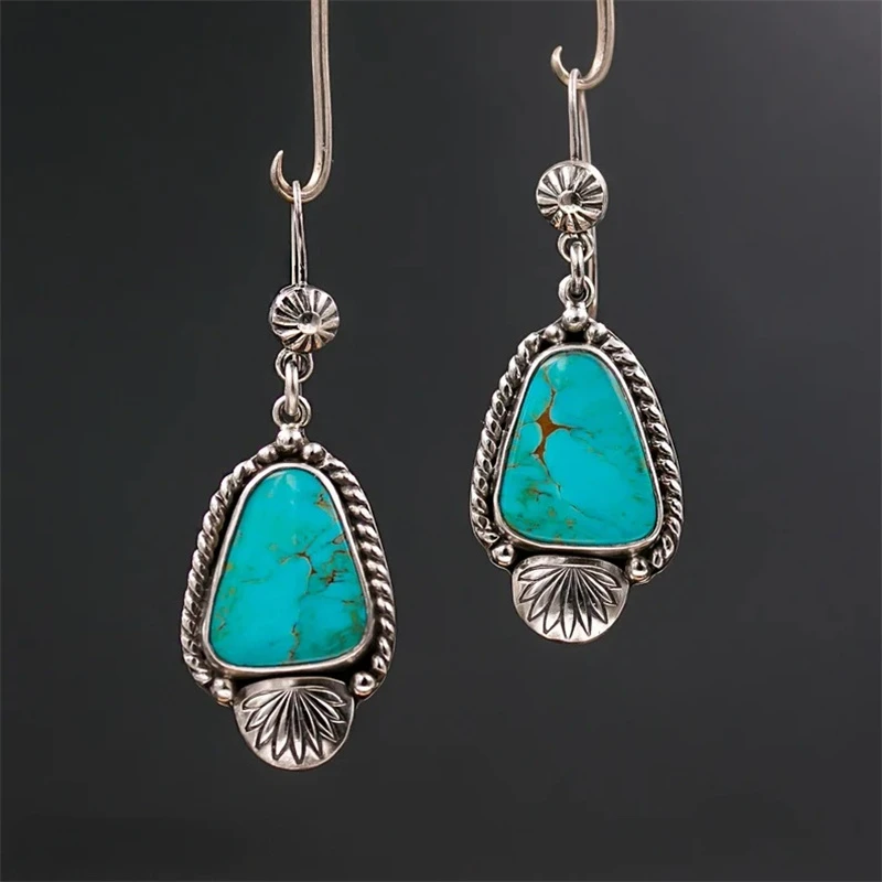 

Beautifully Carved Creative Drop-shaped Turquoise Earrings European and American Ethnic Style Retro High-quality Ear Jewelry