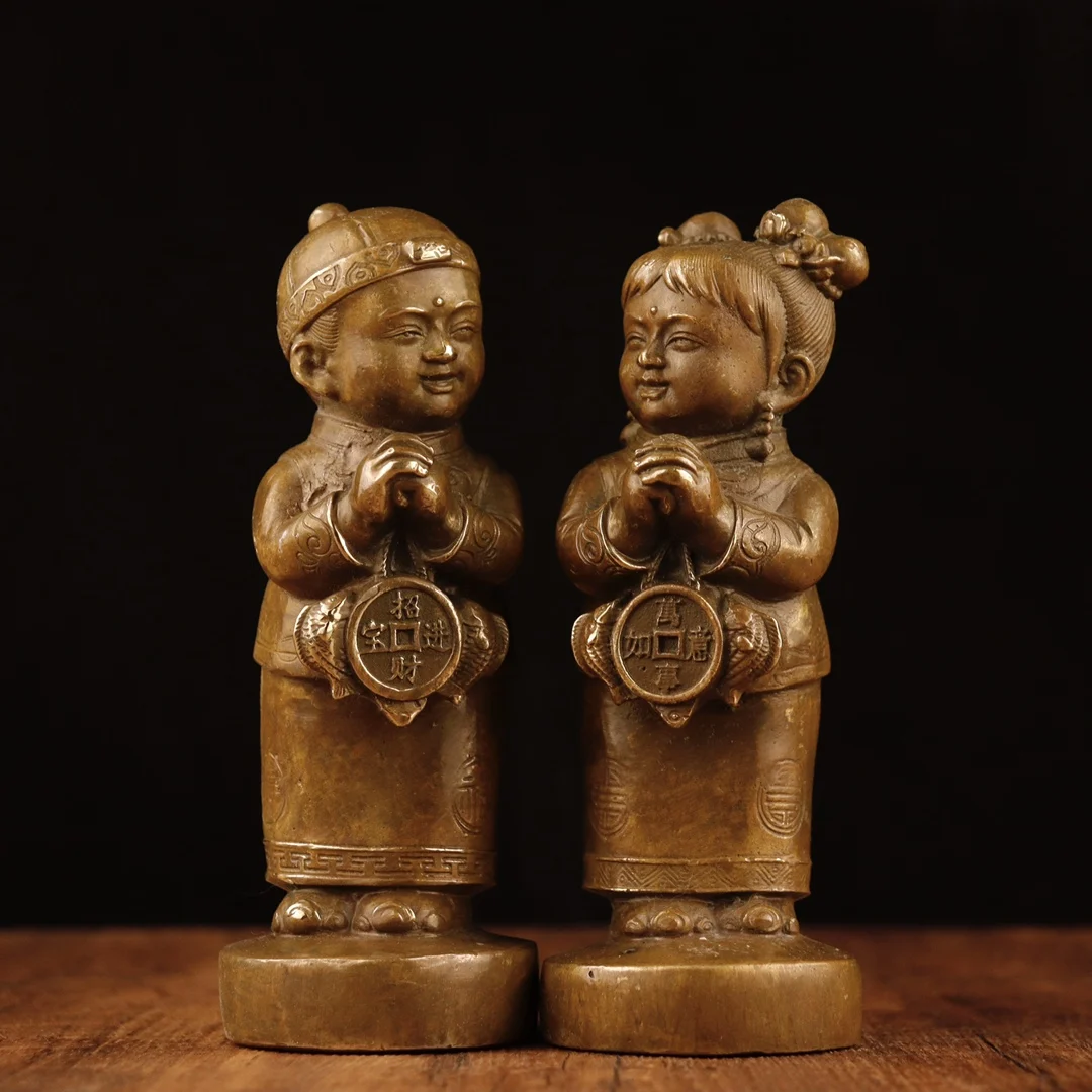 

6"Tibet Temple Collection Old Bronze bronze-coloured Boy and girl be perfectly matched Love between husband and wife Ornaments