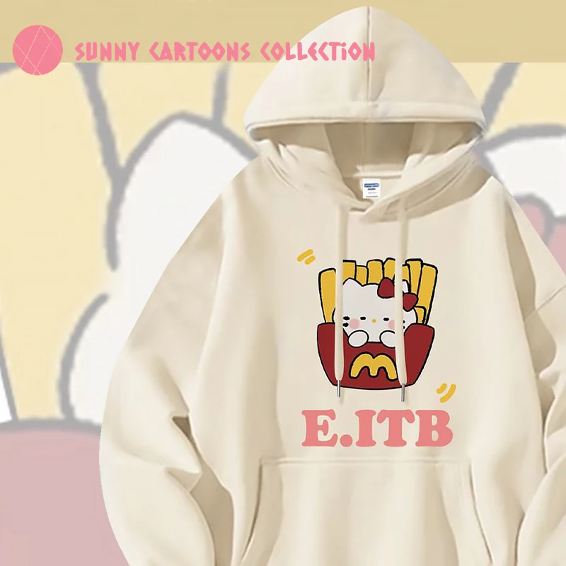 

Флисовая Толстовка Sanrio Hellokitty, забавный мультяшный принт картошки фри, повседневный Свободный пуловер с капюшоном, аниме, осенняя уличная одежда для подростков