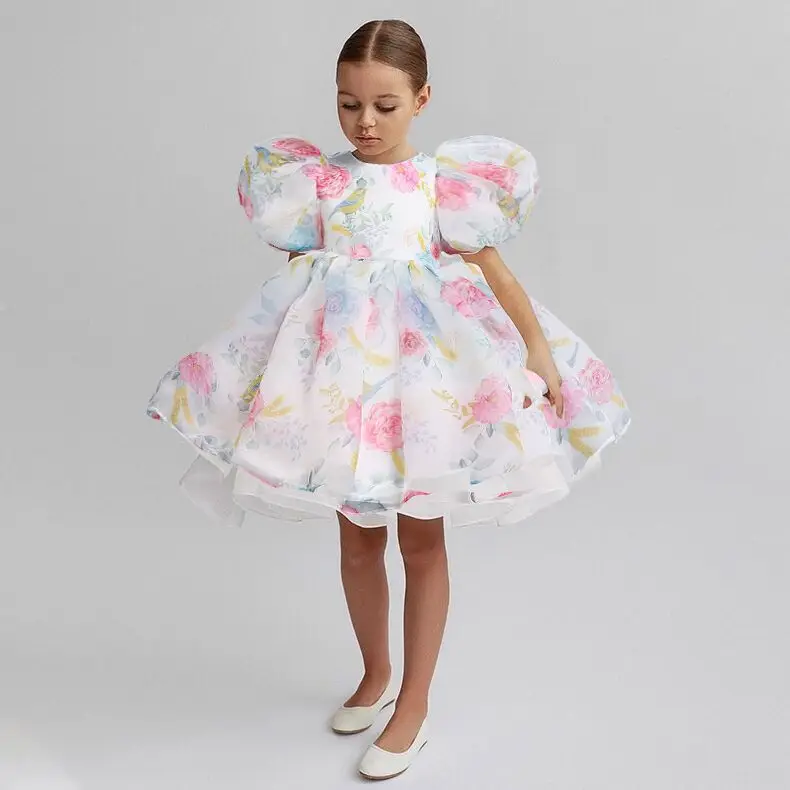 

Elegant Girls Flower Puff Sleeve Dresses For Weddings Kids Formal Birthday Party Fairy Princess Cloth Children Tulle Vestidos