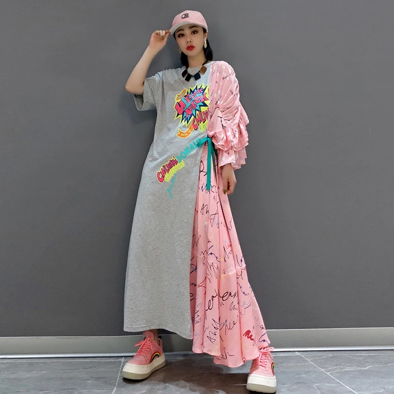 Розовая серая Лоскутная женская летняя повседневная одежда пуловер необычное