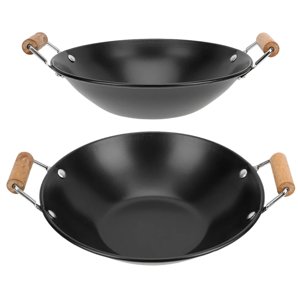

2 Pcs Stainless Steel Griddle Thickened Dry Pot Kitchen Hot Frying Pan Small Wok Metal Wooden Cooking Individual
