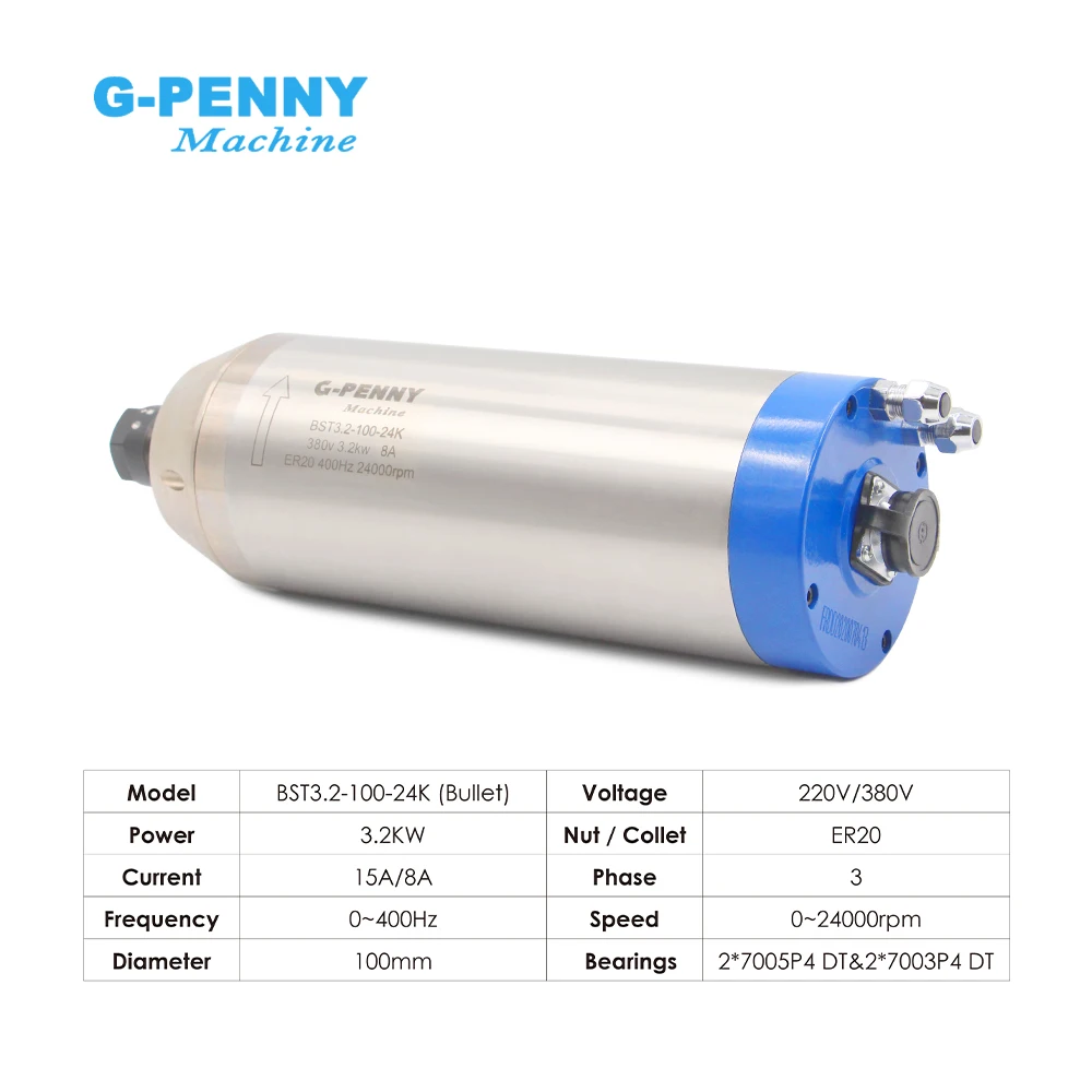 Фото G-Penny 220 В/380 В 3,2 кВт ER20 Комплект шпинделя с водяным охлаждением 4 шт. Подшипники 100 мм Тип пули Точность 0,01 мм и кронштейн шпинделя 100 мм №2